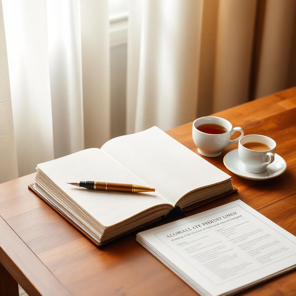 Open notebook and fountain pen on an oak desk in soft morning light