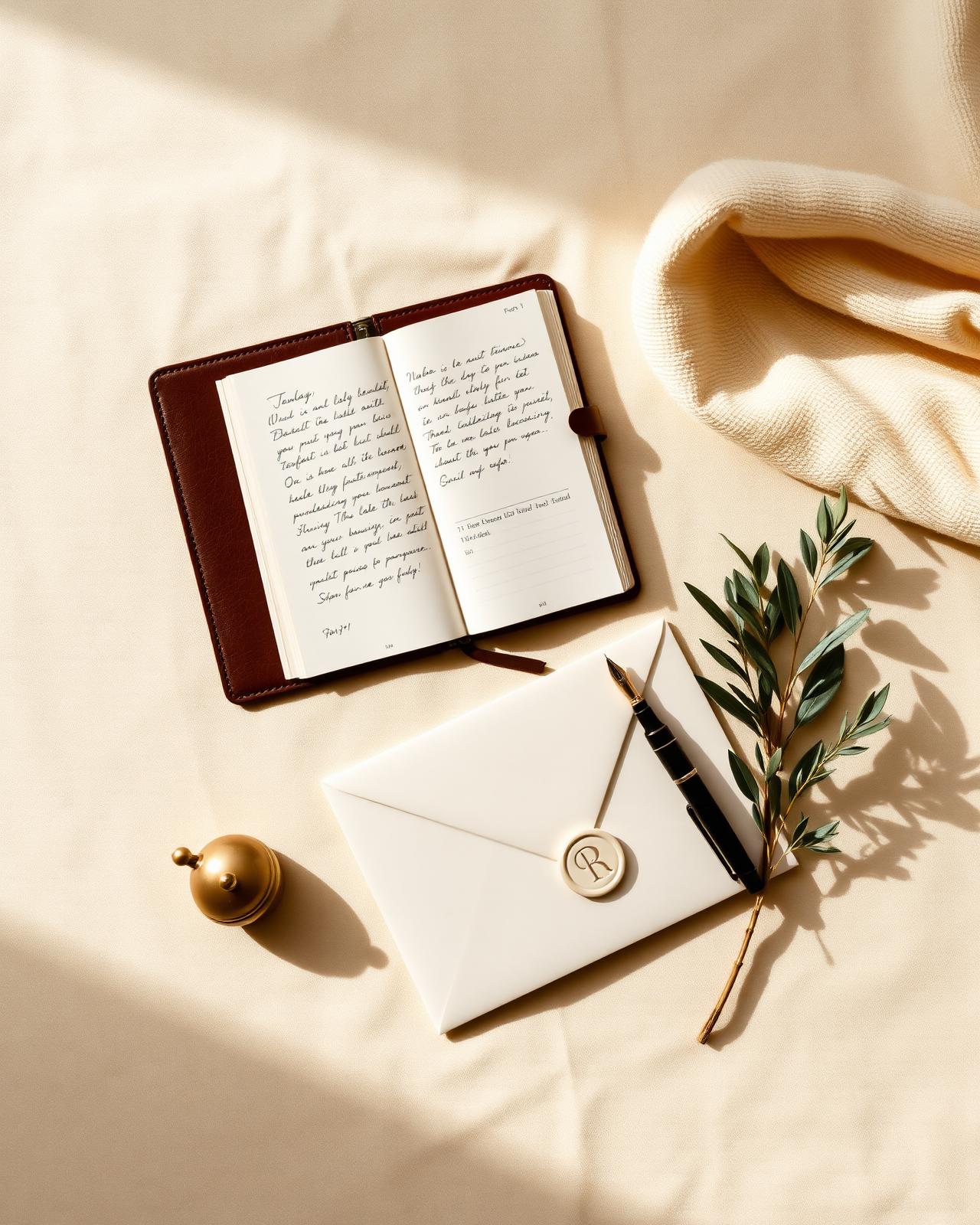 A leather day planner, envelope with wax seal and olive branch in warm morning light