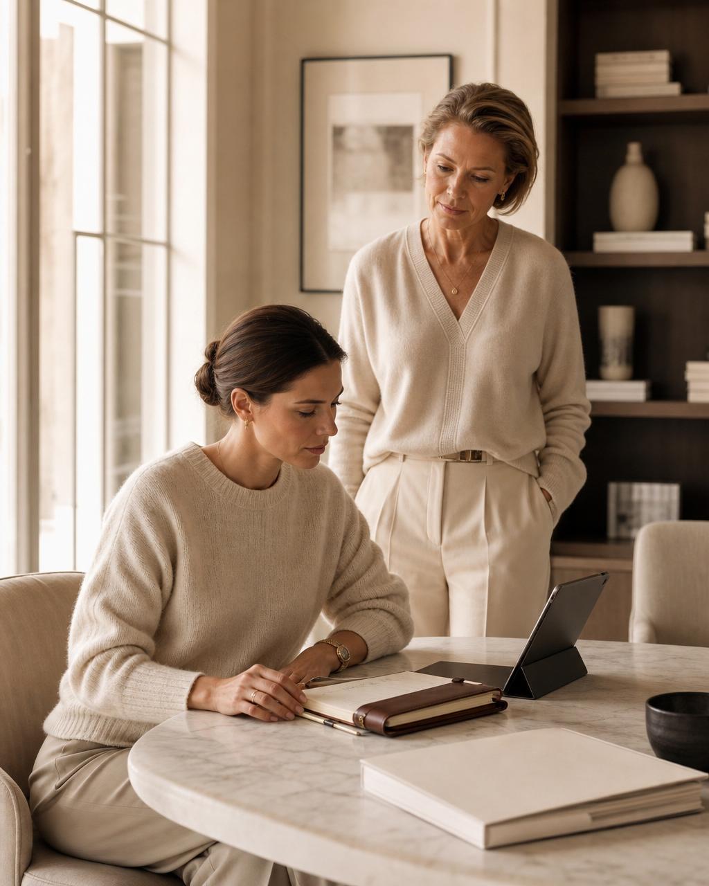 A professional family manager reviewing schedules with a parent at a quiet marble table