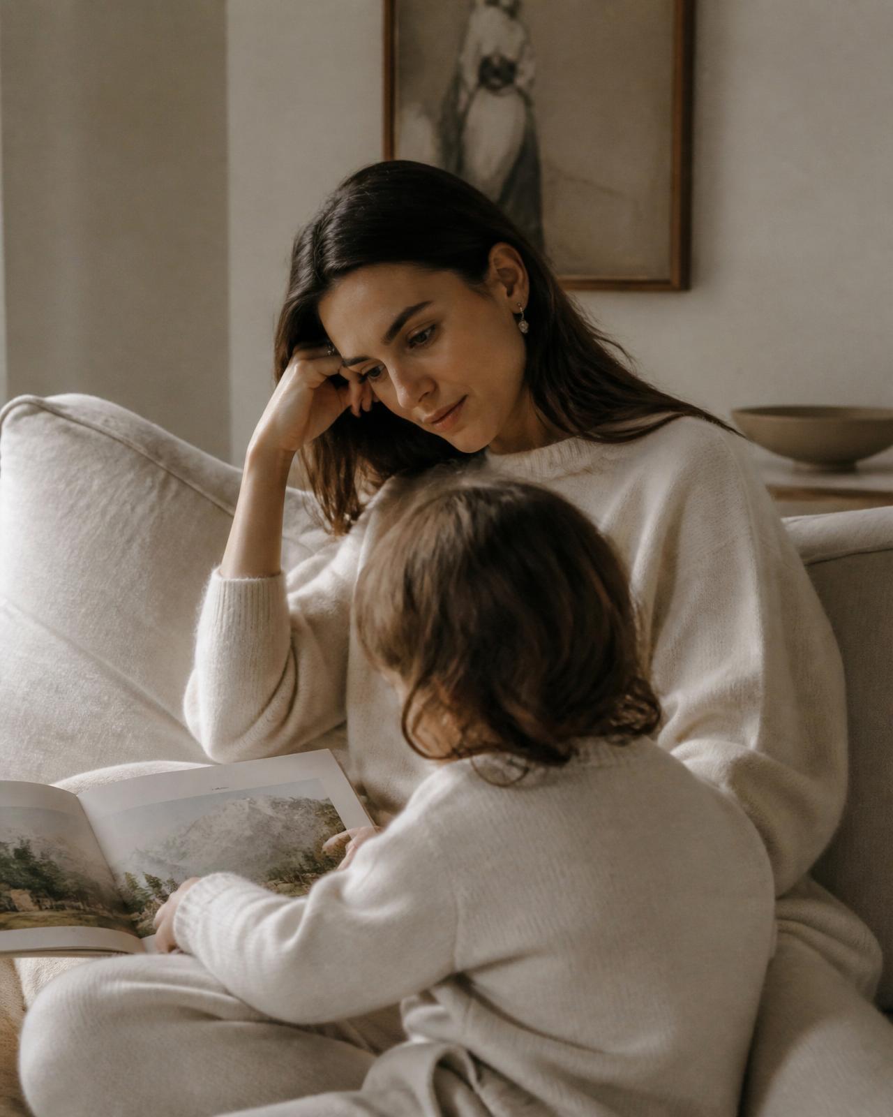 A parent and child reading together in soft daylight