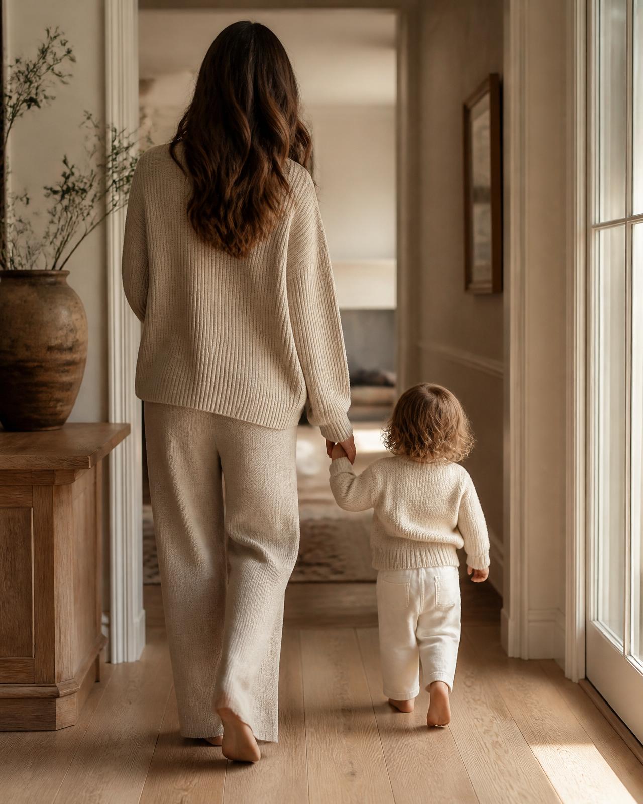 A caregiver walking hand in hand with a small child through a sunlit hallway