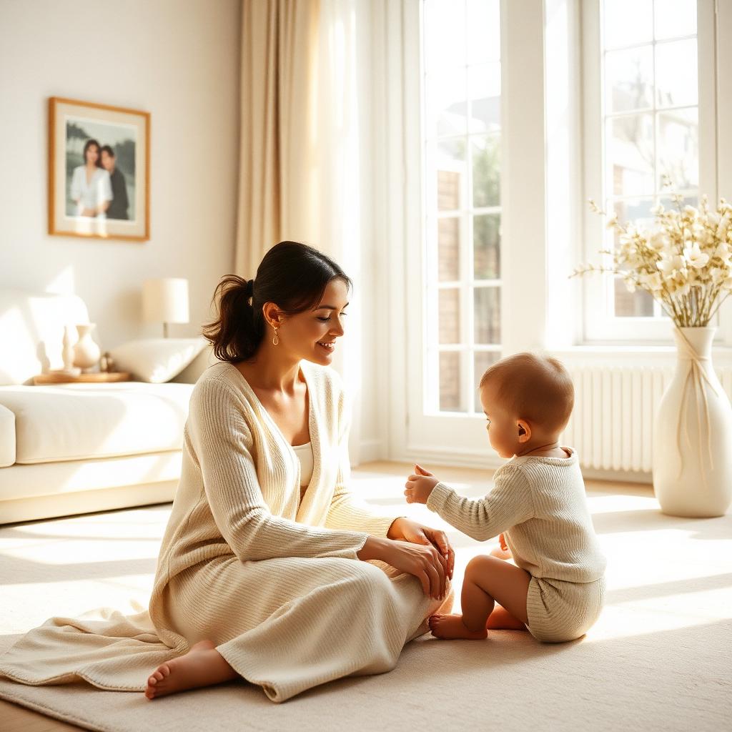 A caregiver in soft cream cashmere sharing a quiet moment with a young child in a sunlit living room
